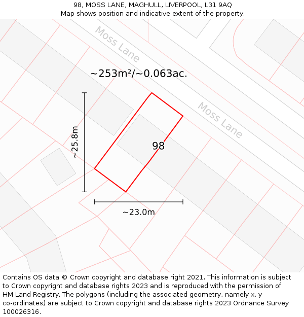 98, MOSS LANE, MAGHULL, LIVERPOOL, L31 9AQ: Plot and title map