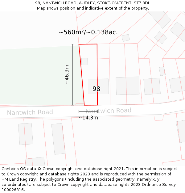 98, NANTWICH ROAD, AUDLEY, STOKE-ON-TRENT, ST7 8DL: Plot and title map