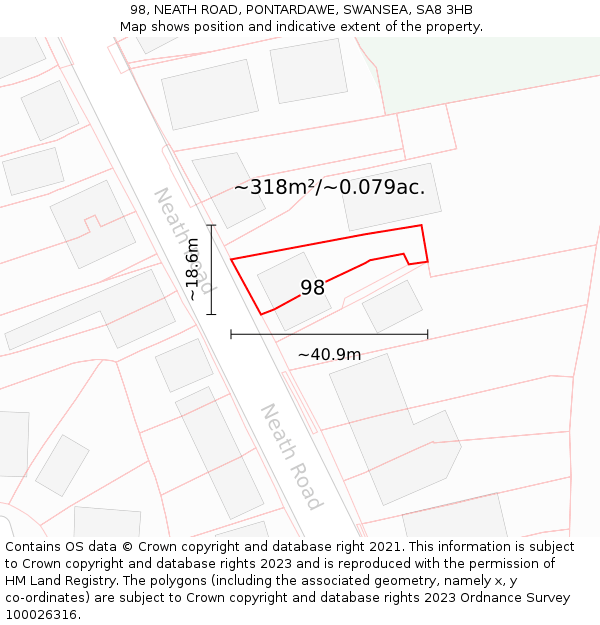 98, NEATH ROAD, PONTARDAWE, SWANSEA, SA8 3HB: Plot and title map