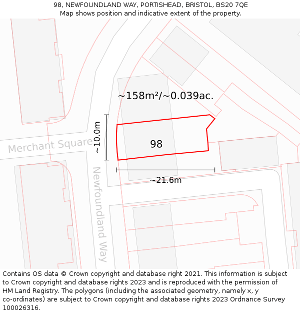 98, NEWFOUNDLAND WAY, PORTISHEAD, BRISTOL, BS20 7QE: Plot and title map