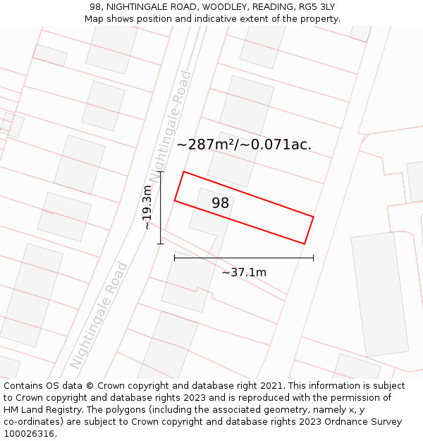 98, NIGHTINGALE ROAD, WOODLEY, READING, RG5 3LY: Plot and title map
