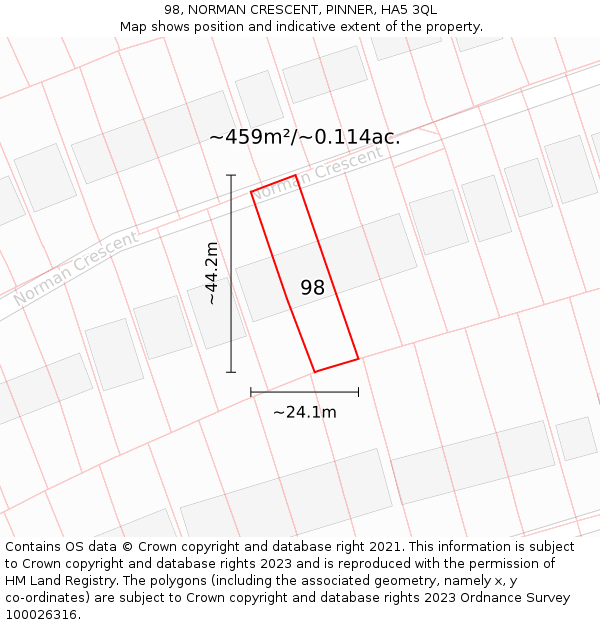 98, NORMAN CRESCENT, PINNER, HA5 3QL: Plot and title map