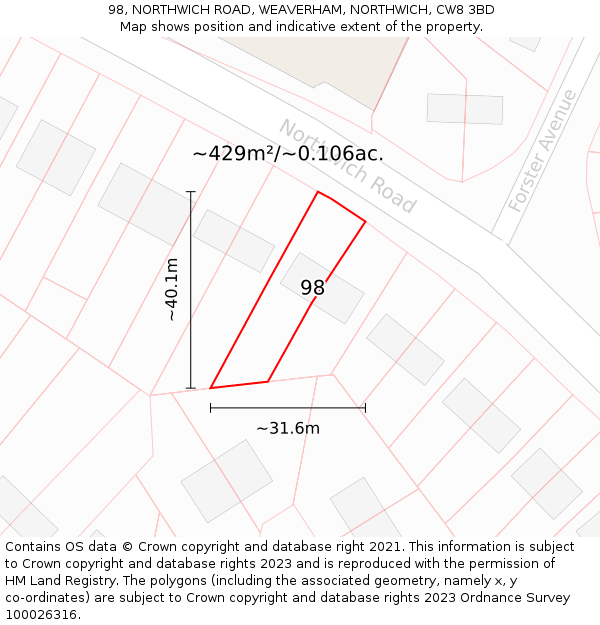 98, NORTHWICH ROAD, WEAVERHAM, NORTHWICH, CW8 3BD: Plot and title map