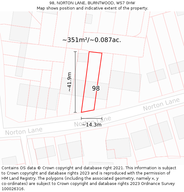 98, NORTON LANE, BURNTWOOD, WS7 0HW: Plot and title map