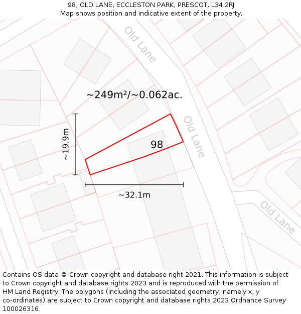98, OLD LANE, ECCLESTON PARK, PRESCOT, L34 2RJ: Plot and title map