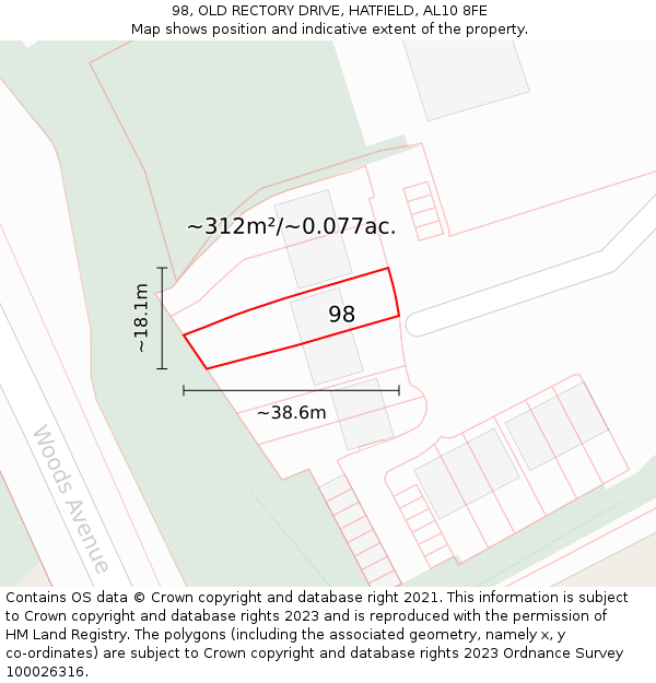 98, OLD RECTORY DRIVE, HATFIELD, AL10 8FE: Plot and title map