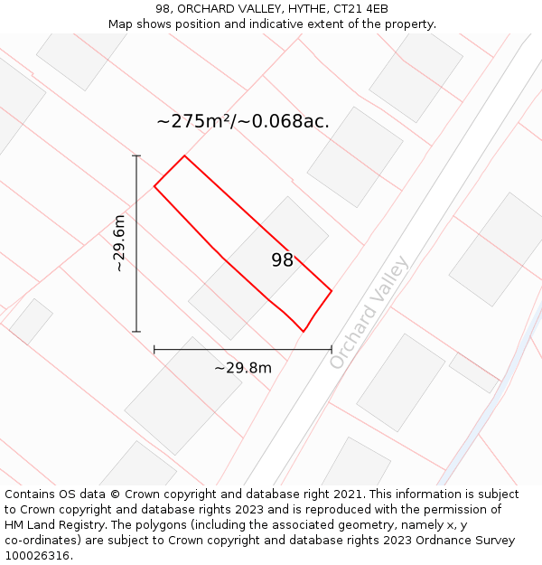 98, ORCHARD VALLEY, HYTHE, CT21 4EB: Plot and title map
