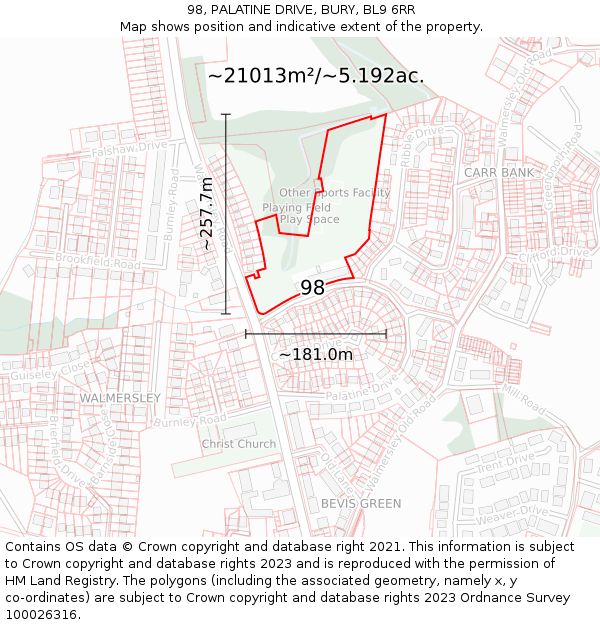 98, PALATINE DRIVE, BURY, BL9 6RR: Plot and title map