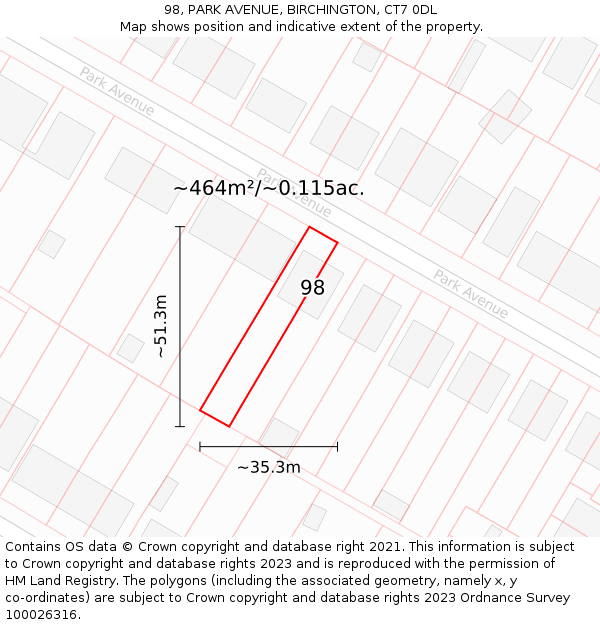 98, PARK AVENUE, BIRCHINGTON, CT7 0DL: Plot and title map