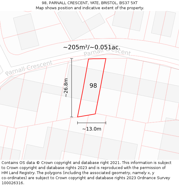 98, PARNALL CRESCENT, YATE, BRISTOL, BS37 5XT: Plot and title map