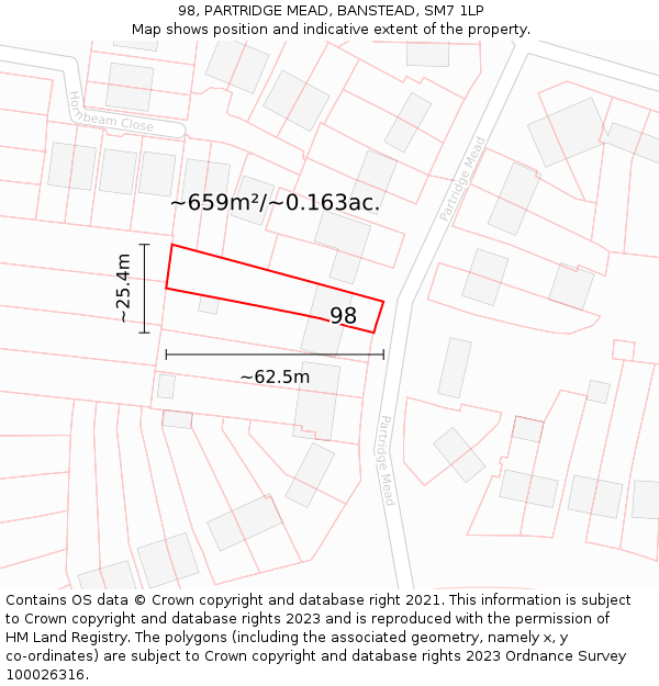 98, PARTRIDGE MEAD, BANSTEAD, SM7 1LP: Plot and title map