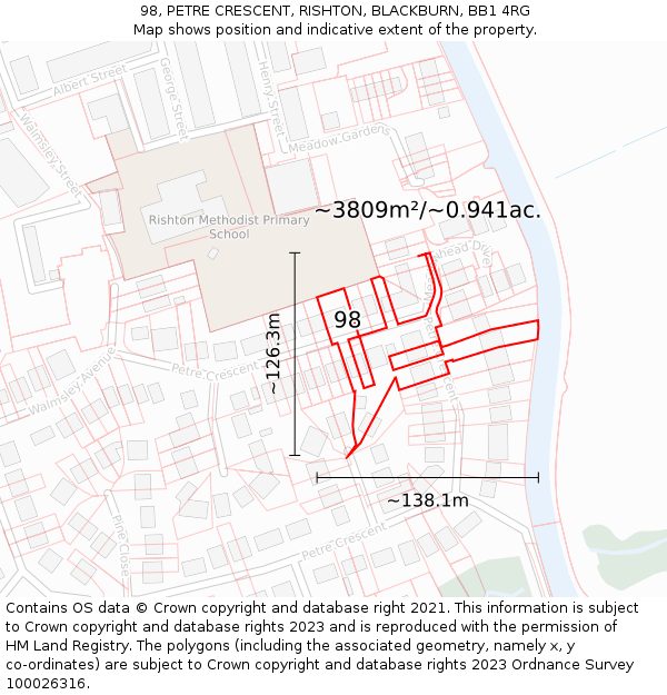 98, PETRE CRESCENT, RISHTON, BLACKBURN, BB1 4RG: Plot and title map