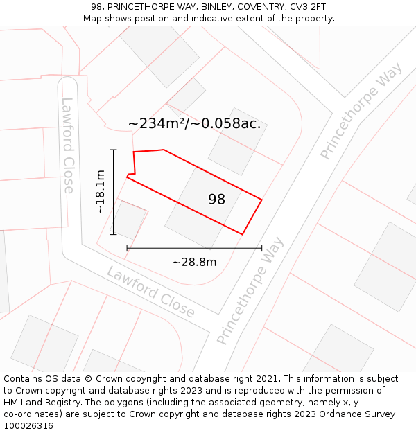 98, PRINCETHORPE WAY, BINLEY, COVENTRY, CV3 2FT: Plot and title map