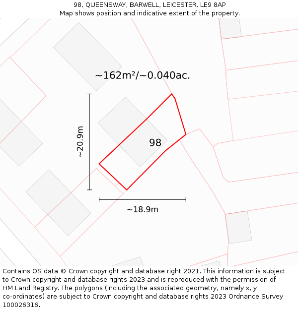 98, QUEENSWAY, BARWELL, LEICESTER, LE9 8AP: Plot and title map