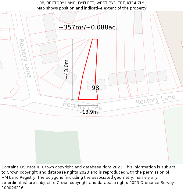 98, RECTORY LANE, BYFLEET, WEST BYFLEET, KT14 7LY: Plot and title map