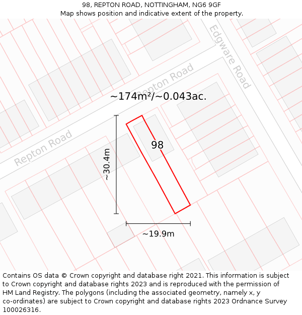 98, REPTON ROAD, NOTTINGHAM, NG6 9GF: Plot and title map