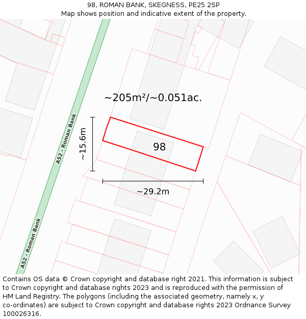 98, ROMAN BANK, SKEGNESS, PE25 2SP: Plot and title map