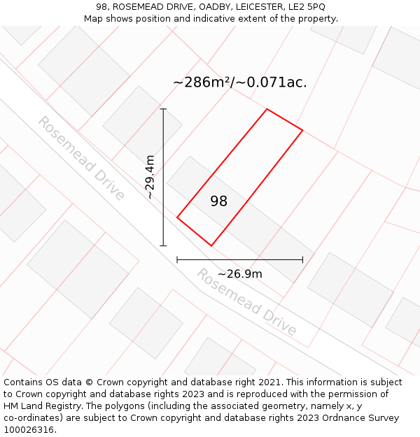 98, ROSEMEAD DRIVE, OADBY, LEICESTER, LE2 5PQ: Plot and title map