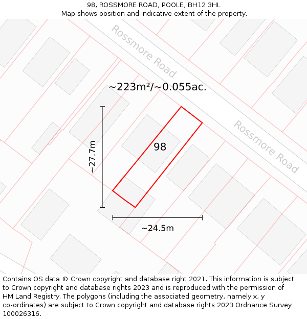 98, ROSSMORE ROAD, POOLE, BH12 3HL: Plot and title map