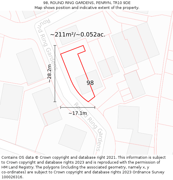 98, ROUND RING GARDENS, PENRYN, TR10 9DE: Plot and title map
