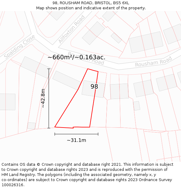 98, ROUSHAM ROAD, BRISTOL, BS5 6XL: Plot and title map