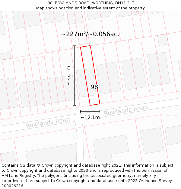98, ROWLANDS ROAD, WORTHING, BN11 3LE: Plot and title map