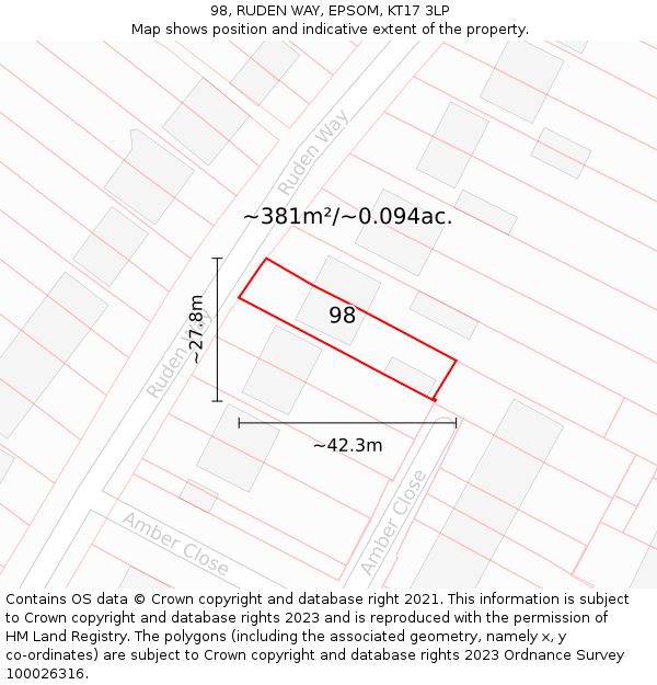 98, RUDEN WAY, EPSOM, KT17 3LP: Plot and title map