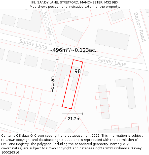 98, SANDY LANE, STRETFORD, MANCHESTER, M32 9BX: Plot and title map