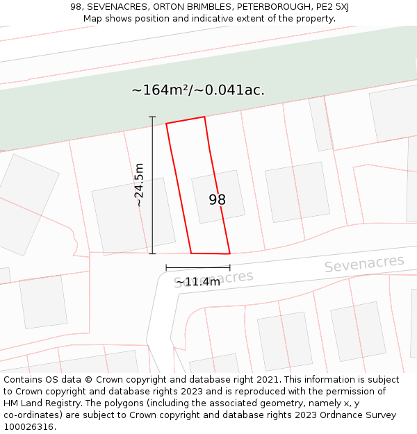 98, SEVENACRES, ORTON BRIMBLES, PETERBOROUGH, PE2 5XJ: Plot and title map