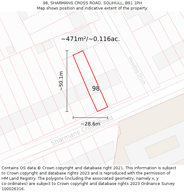 98, SHARMANS CROSS ROAD, SOLIHULL, B91 1PH: Plot and title map