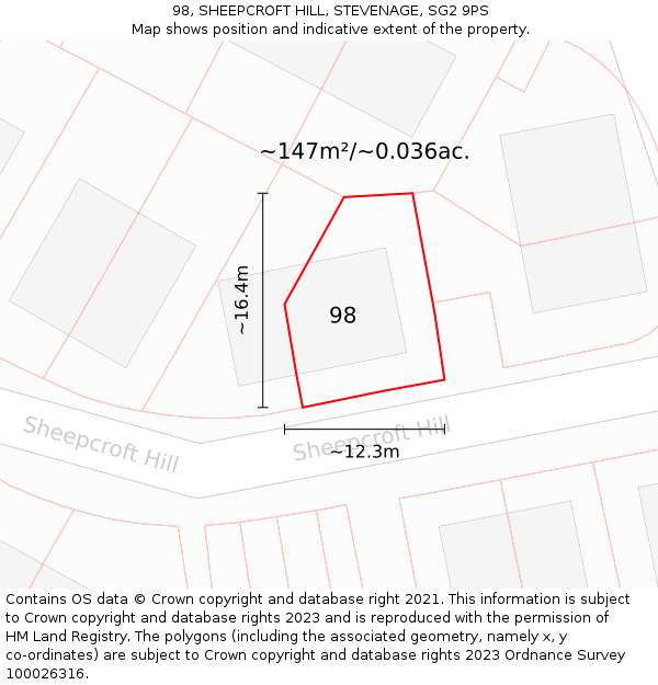 98, SHEEPCROFT HILL, STEVENAGE, SG2 9PS: Plot and title map
