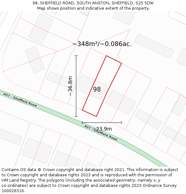 98, SHEFFIELD ROAD, SOUTH ANSTON, SHEFFIELD, S25 5DW: Plot and title map