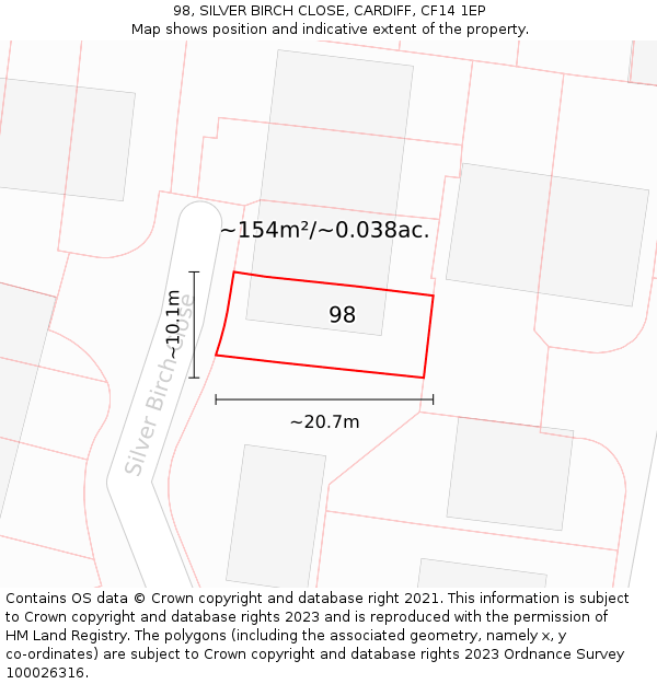 98, SILVER BIRCH CLOSE, CARDIFF, CF14 1EP: Plot and title map