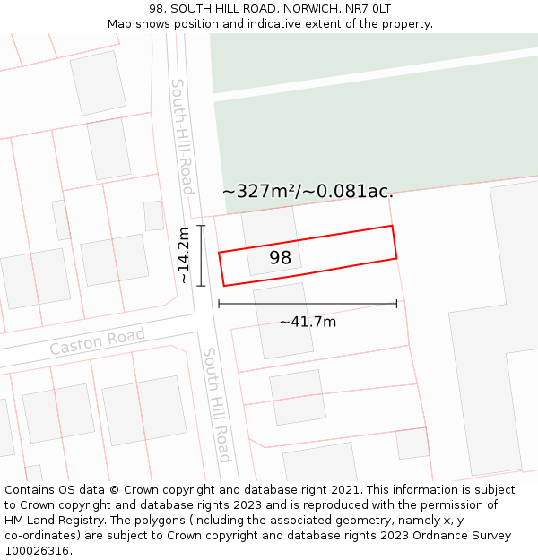 98, SOUTH HILL ROAD, NORWICH, NR7 0LT: Plot and title map