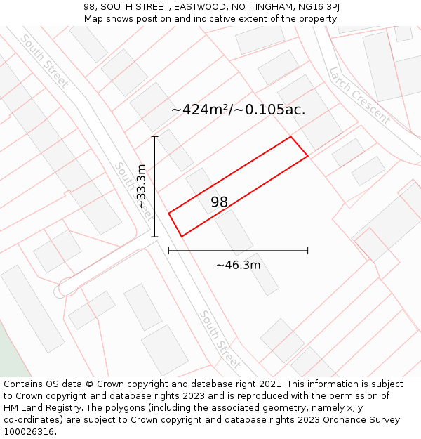 98, SOUTH STREET, EASTWOOD, NOTTINGHAM, NG16 3PJ: Plot and title map