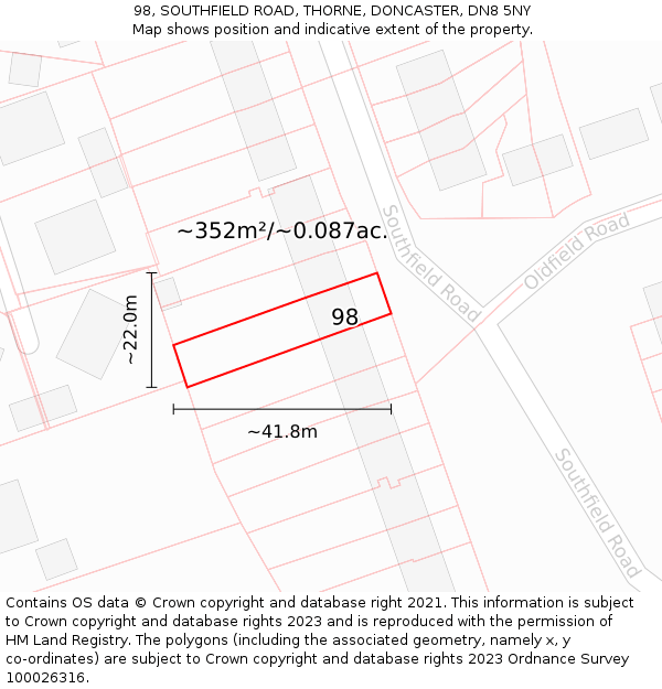 98, SOUTHFIELD ROAD, THORNE, DONCASTER, DN8 5NY: Plot and title map