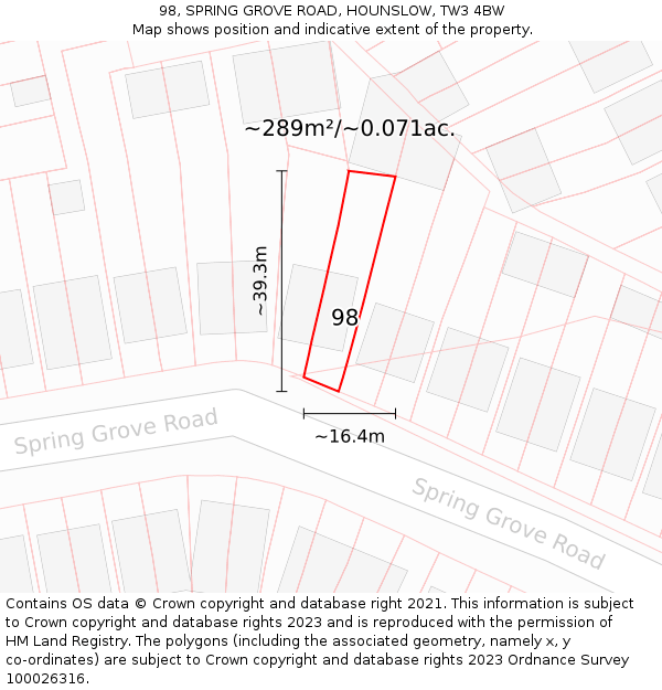 98, SPRING GROVE ROAD, HOUNSLOW, TW3 4BW: Plot and title map