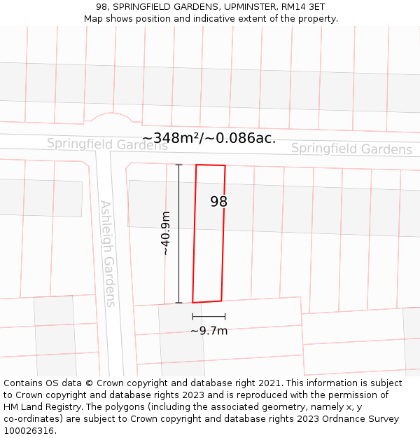 98, SPRINGFIELD GARDENS, UPMINSTER, RM14 3ET: Plot and title map