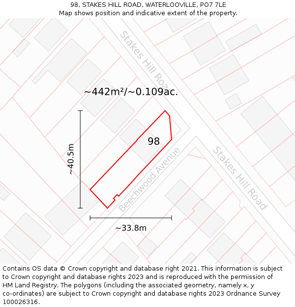 98, STAKES HILL ROAD, WATERLOOVILLE, PO7 7LE: Plot and title map