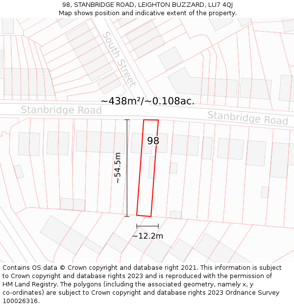 98, STANBRIDGE ROAD, LEIGHTON BUZZARD, LU7 4QJ: Plot and title map