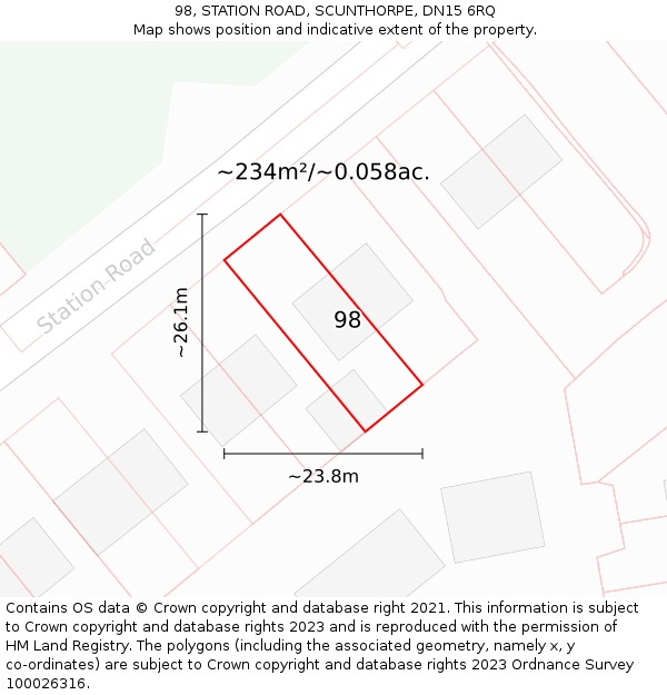 98, STATION ROAD, SCUNTHORPE, DN15 6RQ: Plot and title map