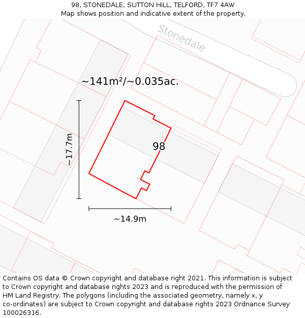 98, STONEDALE, SUTTON HILL, TELFORD, TF7 4AW: Plot and title map