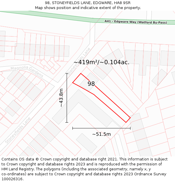 98, STONEYFIELDS LANE, EDGWARE, HA8 9SR: Plot and title map