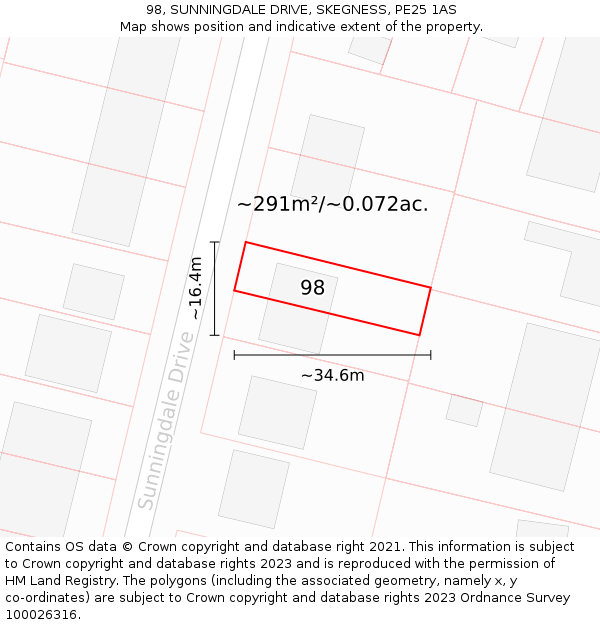 98, SUNNINGDALE DRIVE, SKEGNESS, PE25 1AS: Plot and title map
