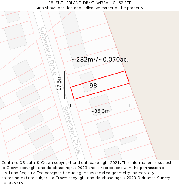 98, SUTHERLAND DRIVE, WIRRAL, CH62 8EE: Plot and title map