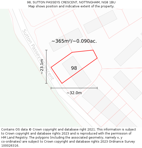 98, SUTTON PASSEYS CRESCENT, NOTTINGHAM, NG8 1BU: Plot and title map