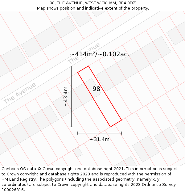 98, THE AVENUE, WEST WICKHAM, BR4 0DZ: Plot and title map