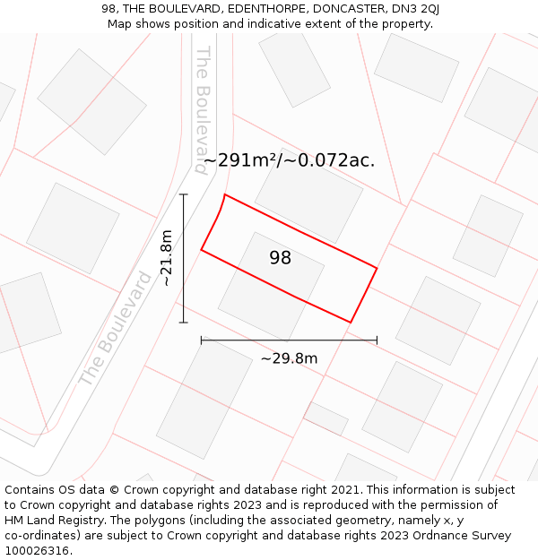 98, THE BOULEVARD, EDENTHORPE, DONCASTER, DN3 2QJ: Plot and title map
