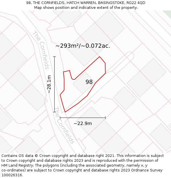 98, THE CORNFIELDS, HATCH WARREN, BASINGSTOKE, RG22 4QD: Plot and title map