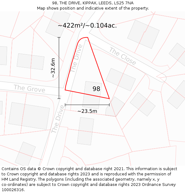 98, THE DRIVE, KIPPAX, LEEDS, LS25 7NA: Plot and title map